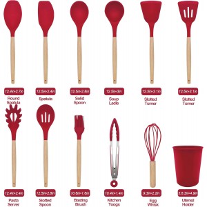 Kitchen Utensils Set 12 Pieces Nonstick Silicone Cooking Utensils Wood Handle Silicone Cooking Utensils Set with Holder Dishwasher Safe BPA Free(red)