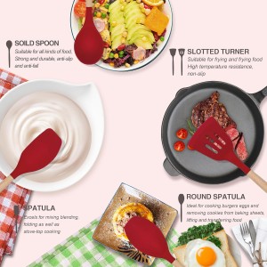 Kitchen Utensils Set 12 Pieces Nonstick Silicone Cooking Utensils Wood Handle Silicone Cooking Utensils Set with Holder Dishwasher Safe BPA Free(red)