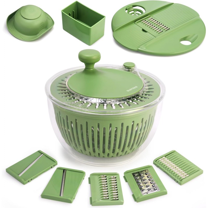 SUSTEAS Salad Spinner Large, Vegetables Wash Bowl, Fruits & Herb Lettuce Dryer with 5 Blade Slicer Egg Yolk Strainer Shredder for Efficient Salad Preparation and Food Washing, 4.25Qt