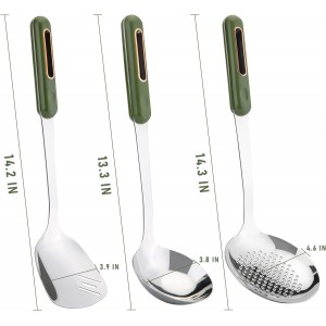 FJNATINH Wok Spatula and Ladle Skimmer Spoon - Stainless Steel Cooking Utensils Set of 3,Kitchen Wok Utensils Set,Green Handle