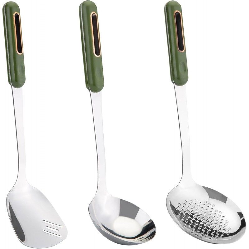 FJNATINH Wok Spatula and Ladle Skimmer Spoon - Stainless Steel Cooking Utensils Set of 3,Kitchen Wok Utensils Set,Green Handle