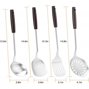 FJNATINH Cooking Utensils - Spatula, Ladle, Skimmer Spoon, Slotted Spatula - 4 Pieces Stainless Steel Wok Utensils Set for Carbon Steel