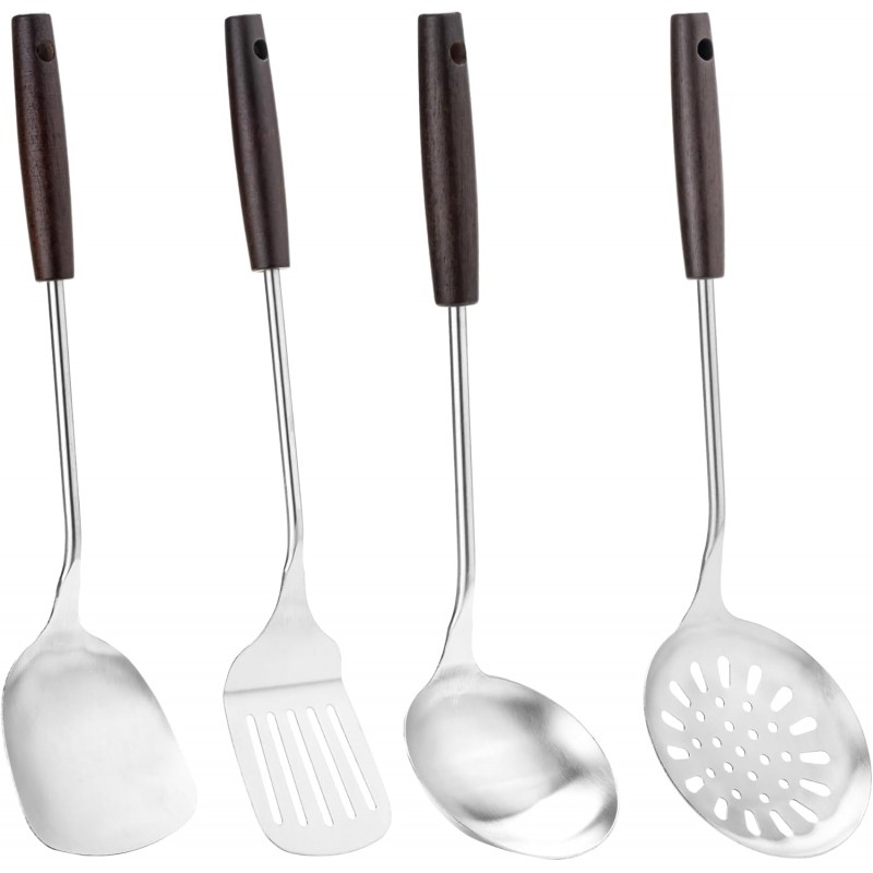 FJNATINH Cooking Utensils - Spatula, Ladle, Skimmer Spoon, Slotted Spatula - 4 Pieces Stainless Steel Wok Utensils Set for Carbon Steel