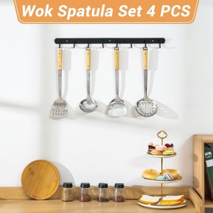 FJNATINH Cooking Utensils - Spatula, Ladle, Skimmer Spoon, Slotted Spatula - 4 Pieces Stainless Steel Wok Utensils Set for Carbon Steel