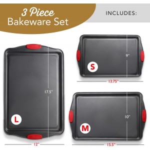 Baking Sheet Set, 3-Piece Cookie Sheet Set with Silicone Handles, Steel Baking Pans Set, Durable Baking Sheets for Oven, BPA Free Cookie Sheets for Baking Nonstick Set, Sheet Pan - Black Baking Pan