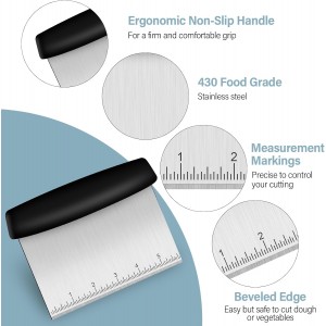 Bench Scraper, Premium Stainless Steel Dough Scraper with 2 PCS Flexible Bowl Scraper, Dough Cutter with Measuring Scale, Versatile Kitchen Scraper Set for Pastry Bread Pizza Cake