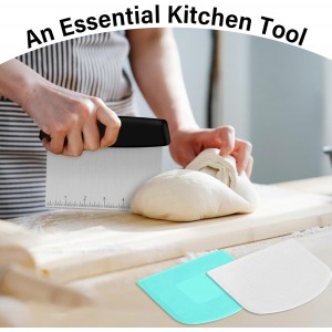 Bench Scraper, Premium Stainless Steel Dough Scraper with 2 PCS Flexible Bowl Scraper, Dough Cutter with Measuring Scale, Versatile Kitchen Scraper Set for Pastry Bread Pizza Cake