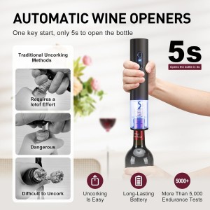 Electric Wine Opener, Rechargeable Cordless Wine Accessories, Stainless Steel Cordless Automatic Wine Bottle Corkscrew with Vacuum Stoppers, Foil Cutter for Home Party Wedding, Bars(Black)