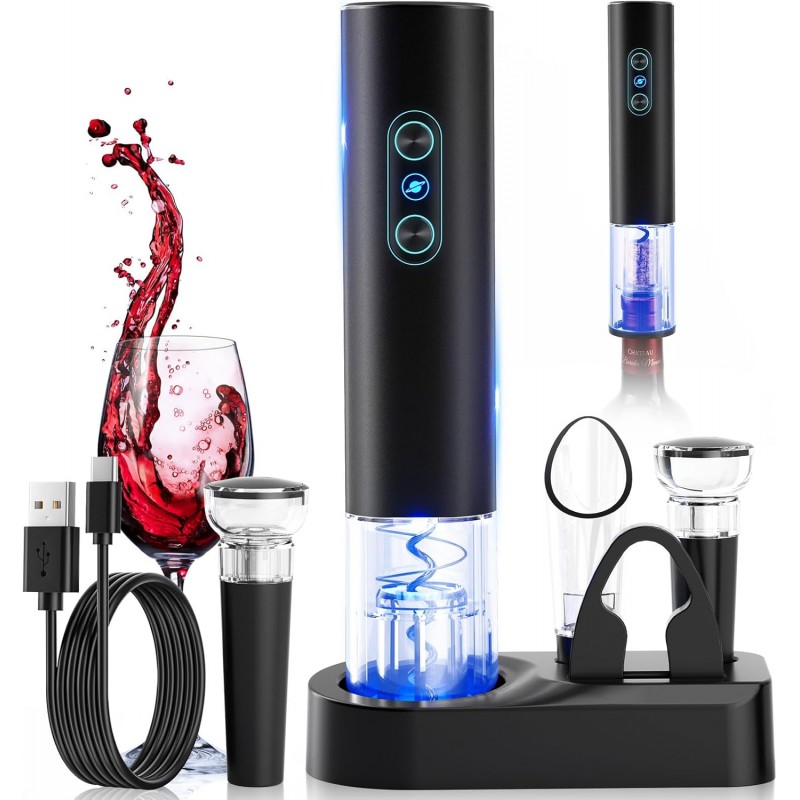 Electric Wine Opener, Rechargeable Cordless Wine Accessories, Stainless Steel Cordless Automatic Wine Bottle Corkscrew with Vacuum Stoppers, Foil Cutter for Home Party Wedding, Bars(Black)