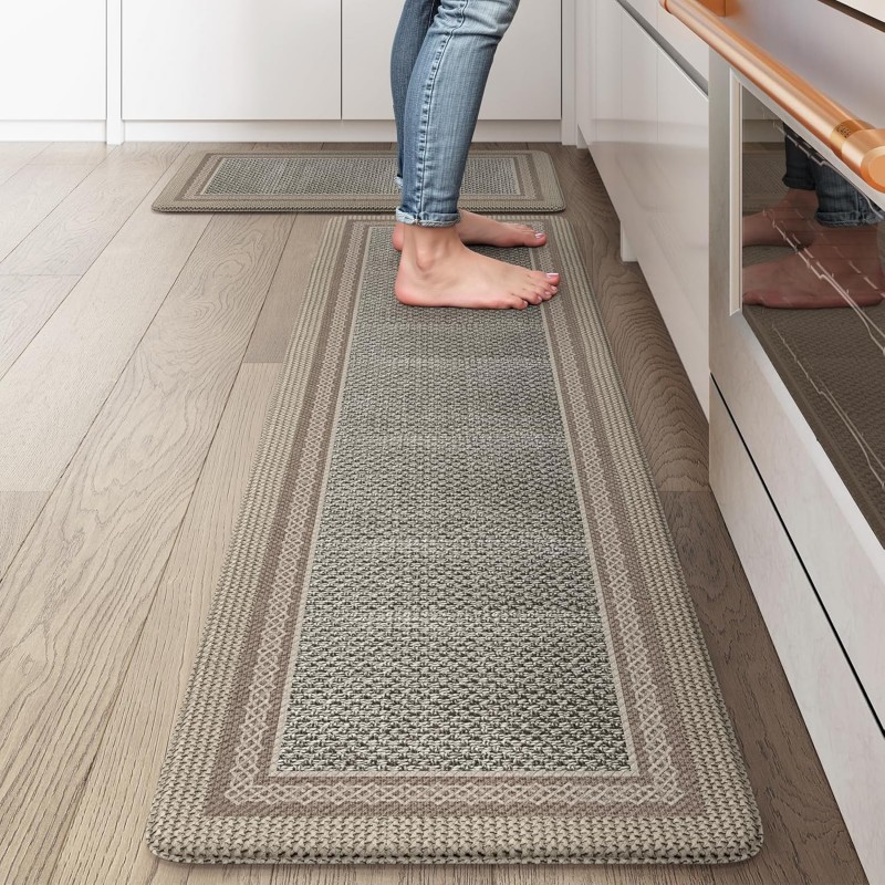 Kitchen Mats for Floor 2 Piece,Kitchen Floor Mats Cushioned Anti Fatigue,Farmhouse Kitchen Rugs Non Slip,Memory Foam Kitchen Mat for Kitchen Decor Office Laundry,Brown