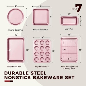 KITESSENSU Baking Pans Sets, Nonstick Bakeware Sets 7-Piece with Round/Square Cake Pan, Loaf Pan, Muffin Pan, Cookie Sheet, Roast Pan, Cooling Rack, Carbon Steel Bake Set Pink