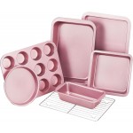 KITESSENSU Baking Pans Sets, Nonstick Bakeware Sets 7-Piece with Round/Square Cake Pan, Loaf Pan, Muffin Pan, Cookie Sheet, Roast Pan, Cooling Rack, Carbon Steel Bake Set Pink