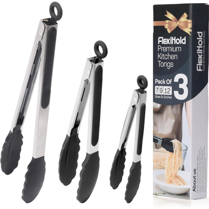 Pack of 3 Stainless Steel Kitchen Tongs with Silicone Tips – Non-Stick Cooking, Grilling & BBQ Tongs for Serving, Dishwasher Safe, 7
