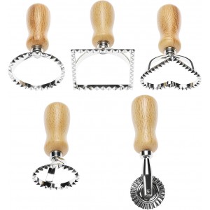 QWORK Ravioli Stamp Maker Cutter with Roller Wheel Set – Wood Handle, Sturdy Aluminum Frame, Precise Fluted Edges – Perfect for Ravioli, Pasta, Cookies