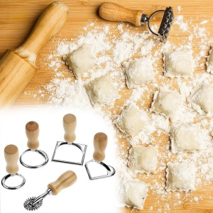 QWORK Ravioli Stamp Maker Cutter with Roller Wheel Set – Wood Handle, Sturdy Aluminum Frame, Precise Fluted Edges – Perfect for Ravioli, Pasta, Cookies