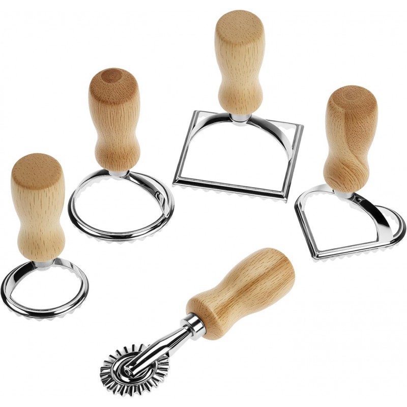 QWORK Ravioli Stamp Maker Cutter with Roller Wheel Set – Wood Handle, Sturdy Aluminum Frame, Precise Fluted Edges – Perfect for Ravioli, Pasta, Cookies