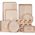 HONGBAKE 9-Piece Baking Pans Set Nonstick, Stackable Non Toxic Bakeware Sets with Diamond Texture, Oven Pan Set for Cooking, Includes Cookie Sheet with Rack, Cake Pan, Roasting Pan, Muffin Tin, Gold