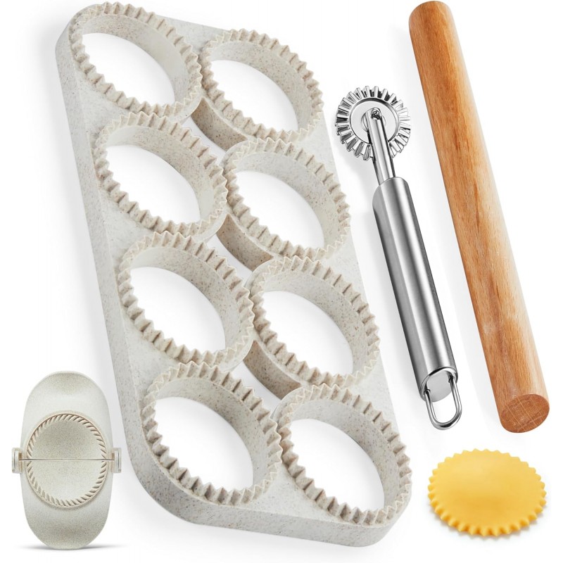 Ravioli Maker Press, Ravioli Press Mold Set - Round Ravioli Stamp Maker Cutter with Wood Rolling Pin, 2.6