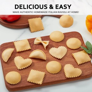 Ravioli Maker Press, Ravioli Press Mold Set - Round, Heart, Square Ravioli Stamp Maker Cutter with Wood Rolling Pin, 2.6