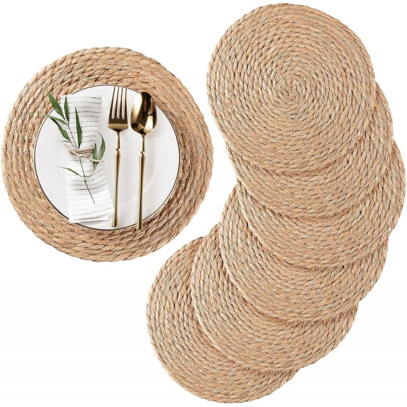 Round Woven Placemats Set of 6, Natural Water Hyacinth Place mats, 12 inch Rattan Placemats Wicker Placemats Farmhouse Boho Braided Heat Resistant Outdoor Placemat Patio Table Place Mats