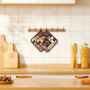 2PCS Brown Coffee Pot Holder with Loop,Vintage Latte Heat Resistant Oven Pads, Hot Pat for Kitchen Cooking Baking Food