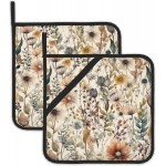 2PCS Boho Watercolor Floral Pot Holder with Loop,Heat Resistant Oven Pads,Hot Pat for Kitchen Cooking Baking Food