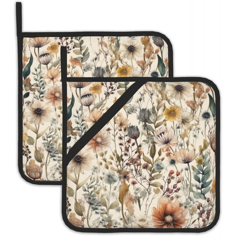 2PCS Boho Watercolor Floral Pot Holder with Loop,Heat Resistant Oven Pads,Hot Pat for Kitchen Cooking Baking Food