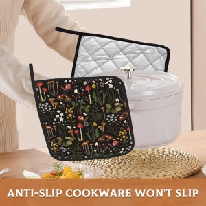 Retro Mushroom Pot Holders Set of 2, Kitchen Heat Resistant Forest Plant Moth Potholder for Microwave Cooking Baking Oven End Dishes and BBQ