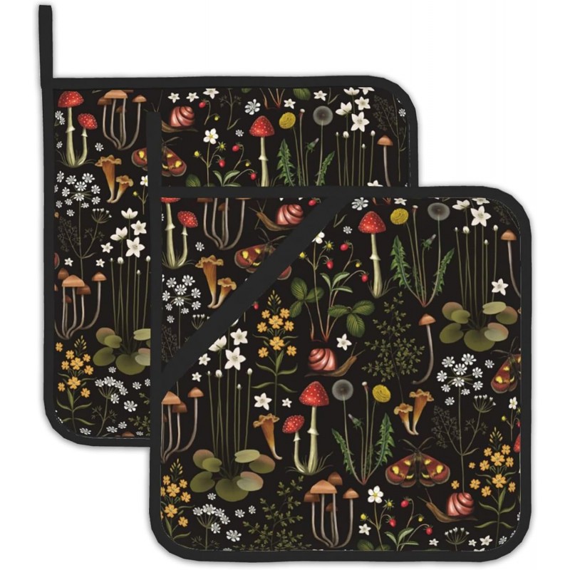 Retro Mushroom Pot Holders Set of 2, Kitchen Heat Resistant Forest Plant Moth Potholder for Microwave Cooking Baking Oven End Dishes and BBQ