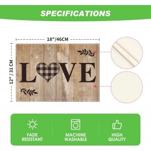 Artoid Mode Wood Love Family Home Together Buffalo Plaid Placemats Set of 4, 12x18 Inch Farmhouse Table Mats Party Kitchen Dining Decoration