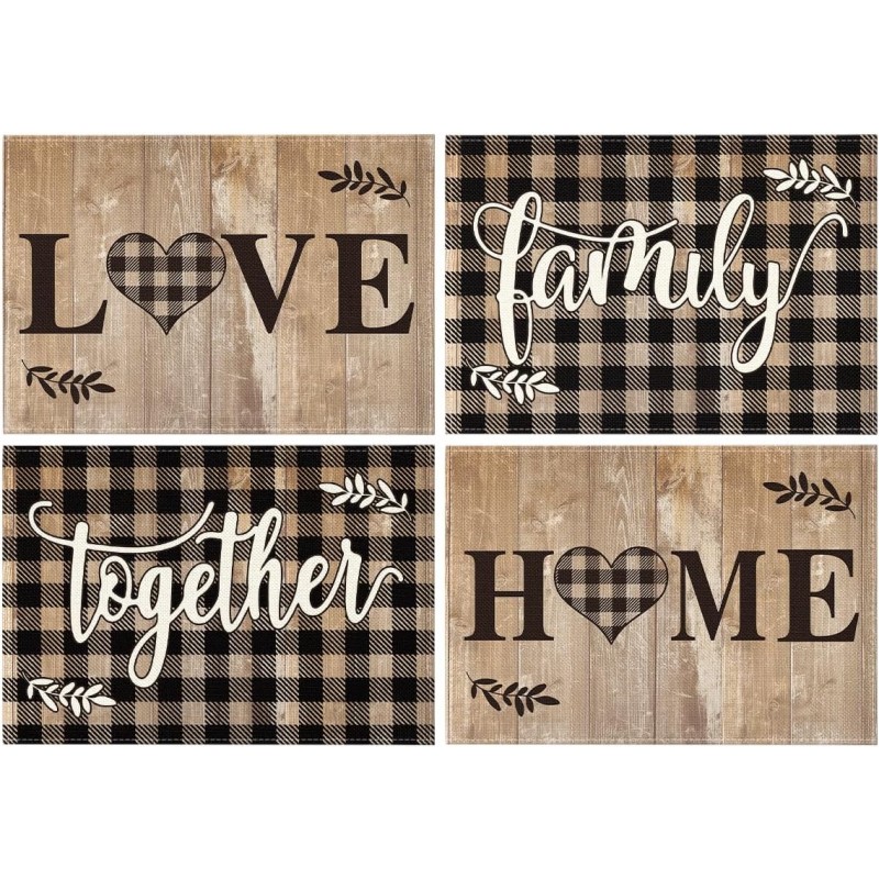 Artoid Mode Wood Love Family Home Together Buffalo Plaid Placemats Set of 4, 12x18 Inch Farmhouse Table Mats Party Kitchen Dining Decoration