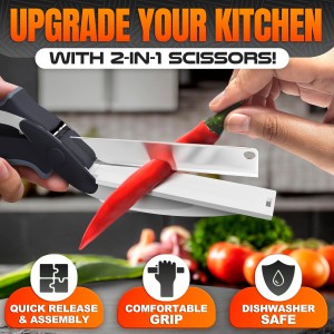 Cutting Board Scissors - 2 In 1 Kitchen Scissors with Cutting Board Knife Combo with Safety Lock and Storage Holder, Sharp Stainless Steel Blade, Dishwasher Safe - For Slicing Vegetables and Fruits