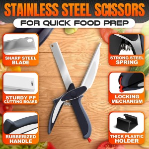 Cutting Board Scissors - 2 In 1 Kitchen Scissors with Cutting Board Knife Combo with Safety Lock and Storage Holder, Sharp Stainless Steel Blade, Dishwasher Safe - For Slicing Vegetables and Fruits