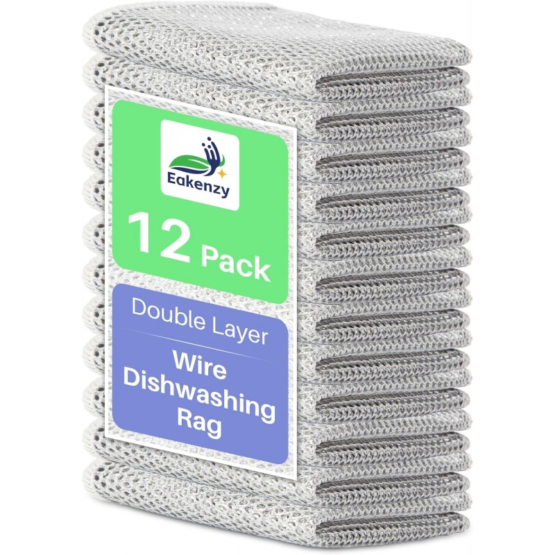 12 Pack Steel Wool Scrubber, Double Layer Non-Scratch Wire Dishcloth, Multipurpose Kitchen Towels, Dish Cloths for Washing Dishes, Cleaning Supplies for Sinks, Dishes, Stove Top, 7.87*7.87 Inch