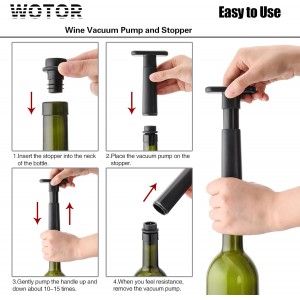 WOTOR Wine Saver Vacuum Pump with 4 Stoppers, Wine Stopper & Preserver, Reusable Bottle Sealer Keeps Fresh, Ideal Accessories Gift (Flat Handle)