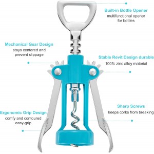 Wine Opener,Multifunctional Bottles Opener Zinc Alloy Corkscrew Wine Opener with Ergonomic Wing Handle (light blue）
