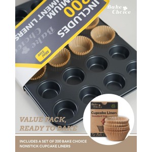 Mini Muffin Pan includes 200 Natural Cupcake Liners, Mini Cupcake Pans Nonstick 24 Cup, Muffin Tin, Carbon Steel Baking Supplies