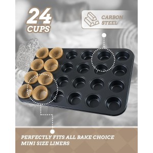 Mini Muffin Pan includes 200 Natural Cupcake Liners, Mini Cupcake Pans Nonstick 24 Cup, Muffin Tin, Carbon Steel Baking Supplies