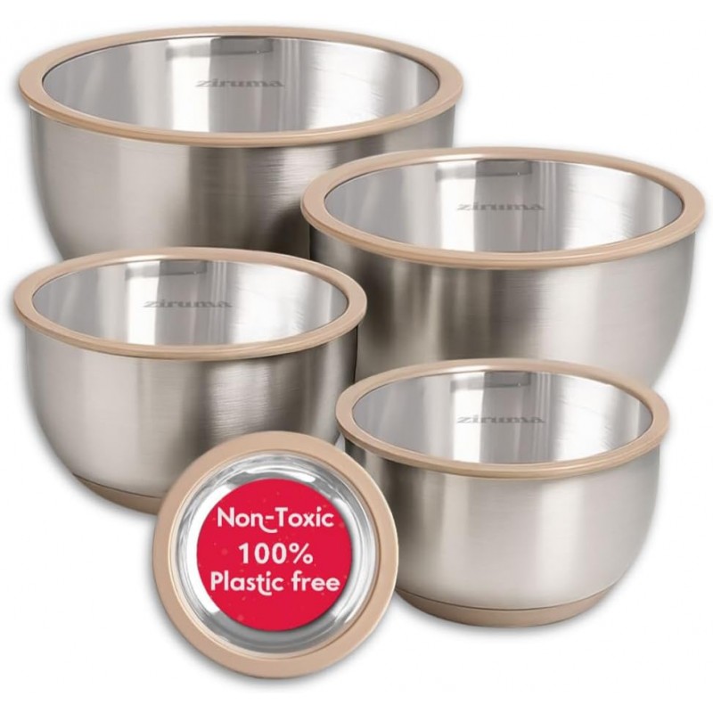 Ziruma Non-Toxic Mixing Bowls with Lids Set, Stainless Steel & Glass, 5 Pcs Plastic Free Bowls with Silicone Non-Slip Base, Dishwasher Safe Mixing Bowl Set