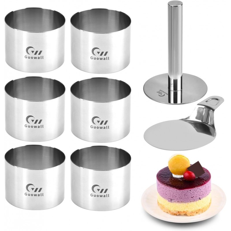 Guowall 6 pack Seamless Mousse Ring Set 3 inch Stainless Steel Round Cake Cutter Food Pastry Mold for Baking (Includes 1 Lifter, 1 Pusher and 6 Rings)