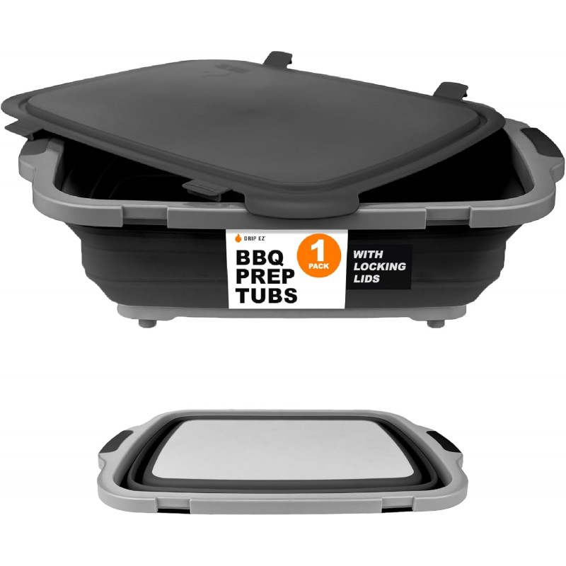 Collapsible BBQ Prep Tub - for Meal Prep Marinating Food Storage - Includes Cutting Board & Locking Lid - (1) XL - Black