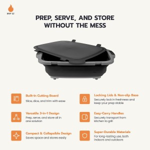 Collapsible BBQ Prep Tub - for Meal Prep Marinating Food Storage - Includes Cutting Board & Locking Lid - (1) XL - Black