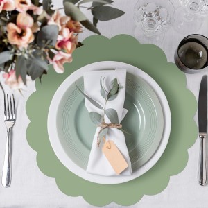 60 Pcs Sage Green Paper Placemats, 13.5 Inch Disposable Scalloped Easter Placemat Round Table Place Mats, Round Table Place Mats for Birthday Wedding Bridal Shower Baby Shower Banquet Tea Party
