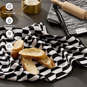 RECYCO Waffle Kitchen Towel Set of 2 - Quick Dry Microfiber Sustainable Dish Towels - Ultra Absorbent Reusable Cleaning Tea Towels - Lightweight Hand Towels,16”x 28”, Black & White Mirage