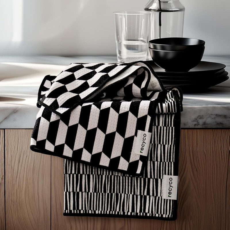 RECYCO Waffle Kitchen Towel Set of 2 - Quick Dry Microfiber Sustainable Dish Towels - Ultra Absorbent Reusable Cleaning Tea Towels - Lightweight Hand Towels,16”x 28”, Black & White Mirage