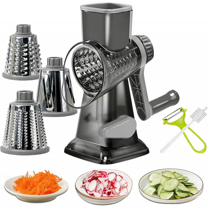 Cheese Grater Rotary Cheese Grater,Versatile Cheese Shredder,Blades for Shredding, Grating, Slicing,Cheese Shredder with Suction Base and Cleaning Brush Kitchen Gift (gray)