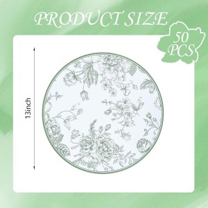 50Pcs Sage Green Floral Paper Placemats Chinoiserie Round Disposable Place Mats Green Flower Banquet 13 Inch Paper Cutouts for Table Setting Wedding Birthday Garden Tea Party Supplies