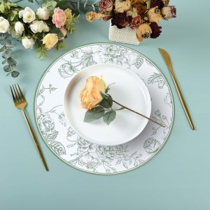 50Pcs Sage Green Floral Paper Placemats Chinoiserie Round Disposable Place Mats Green Flower Banquet 13 Inch Paper Cutouts for Table Setting Wedding Birthday Garden Tea Party Supplies