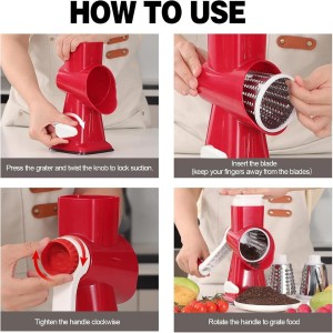 Rotary Cheese Grater with Handle, Multifunctional Kitchen tool, Stainless Steel Rotary Grater Slicer for Fruit, Vegetables, Nuts (Red)