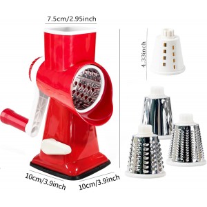 Rotary Cheese Grater with Handle, Multifunctional Kitchen tool, Stainless Steel Rotary Grater Slicer for Fruit, Vegetables, Nuts (Red)